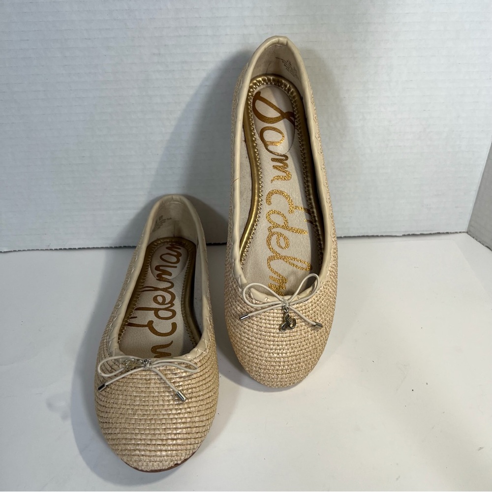 Sam Edelman Falcon Woven Raffia-Textured Ballet Flats Beige Bow Women’s 6.5